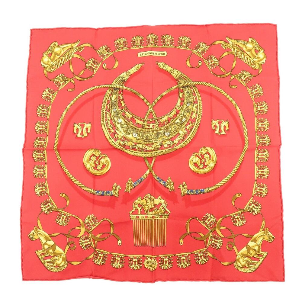 Hermes Carre 40 Les Cavaliers d'Or Silk Scarf Red